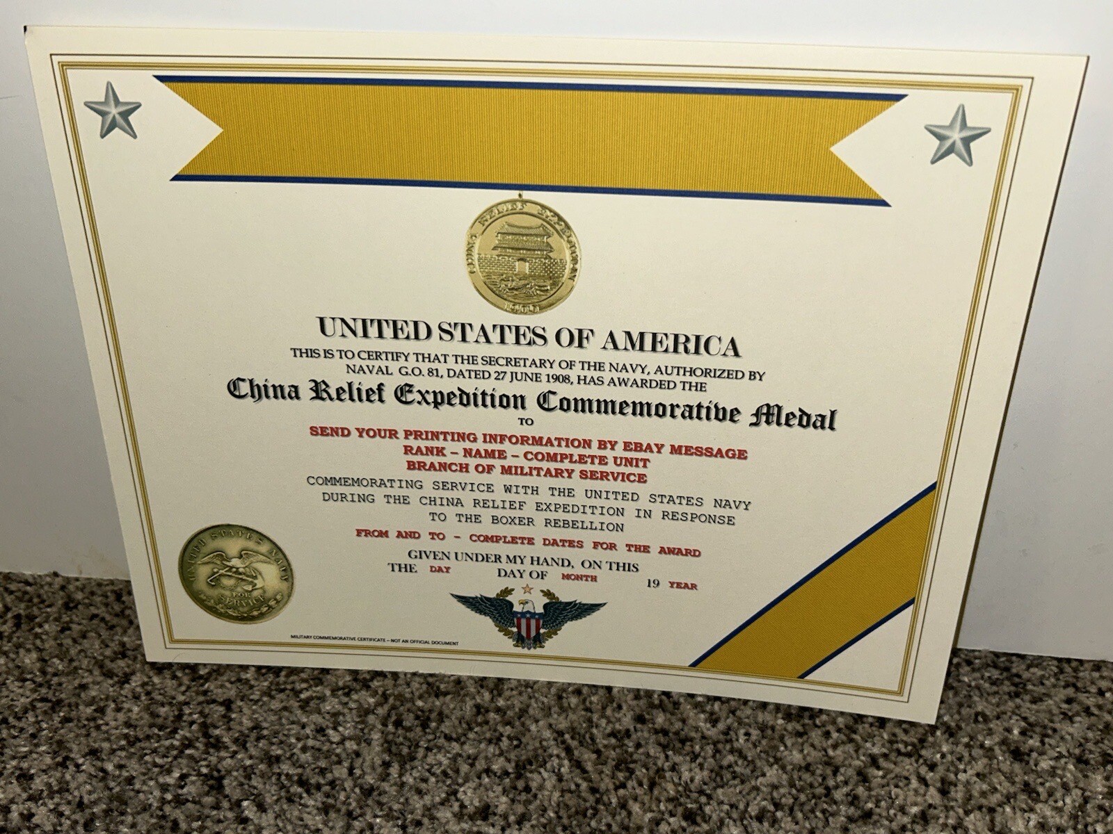 CHINA RELIEF EXPEDITION COMMEMORATIVE MEDAL CERTIFICATE ~ W/PRINTING TYPE-1