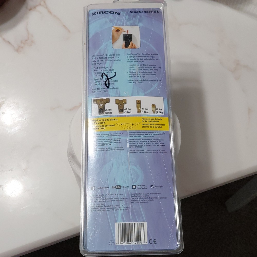 Zircon StudSensor SL Electric Stud Finder LED Indicator with Hooks & Nails