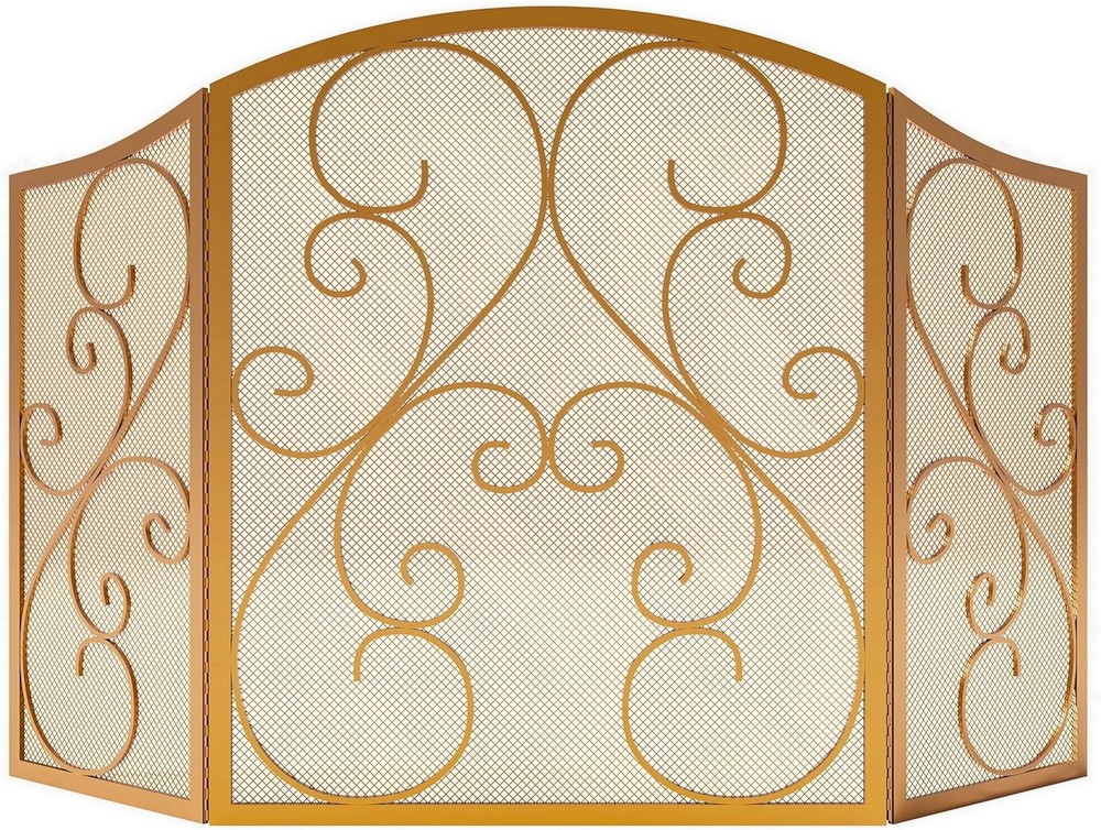 3 Panel Wrought Iron Fireplace Screen 48x30 Gold