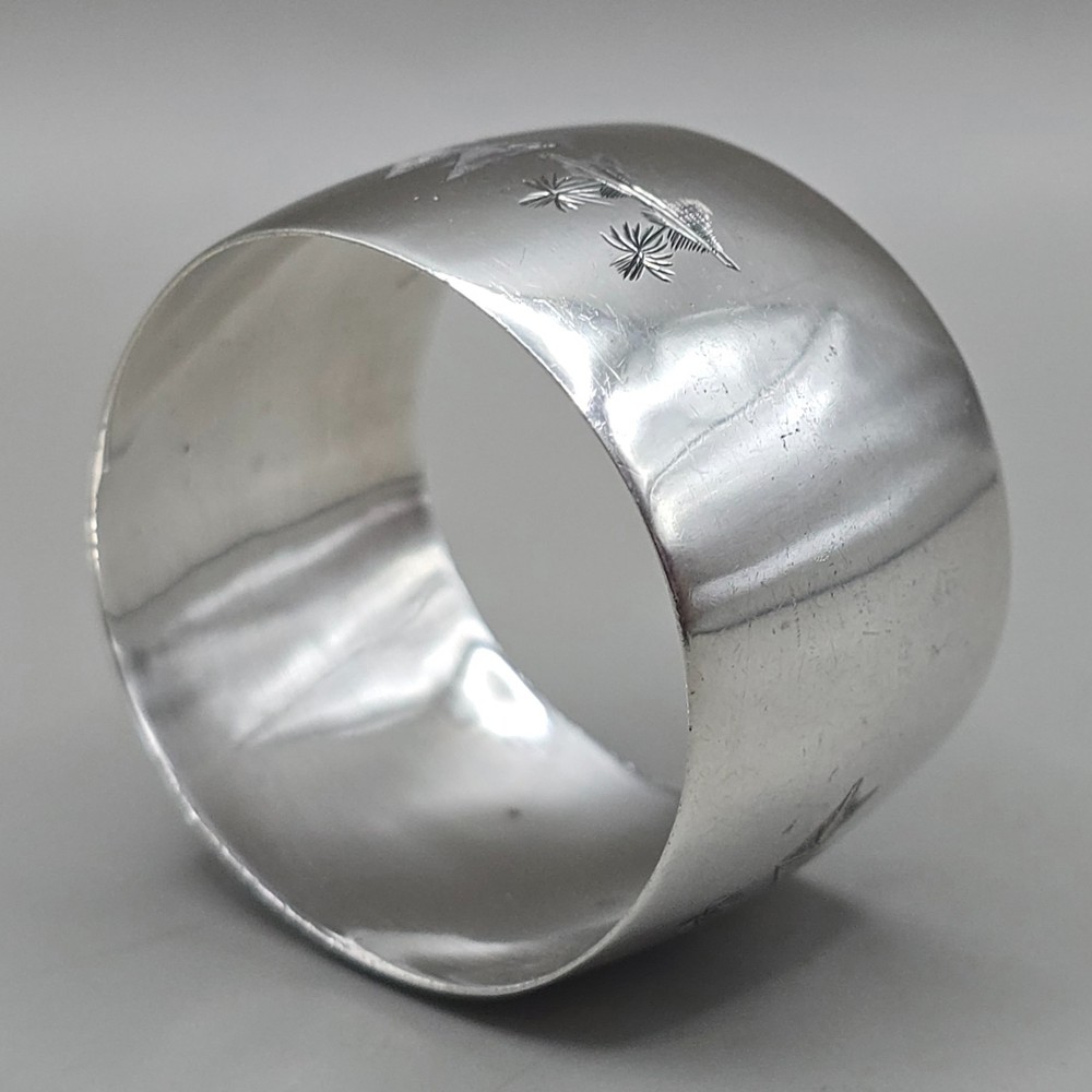 Antique Solid Silver Napkin Ring Engraved Landscape Scene