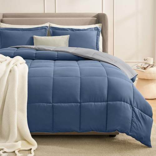 Queen Comforter Set Blue/Grey, Comforters Queen Size Set, Soft Lightweight