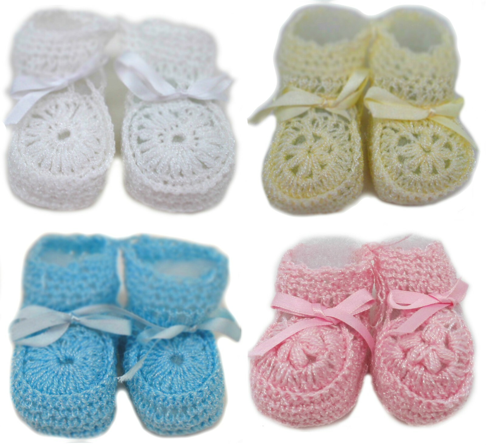 Crochet Baby Booties Ribbon  Newborn Pink White Blue Unisex Size 0-3 Months Crib