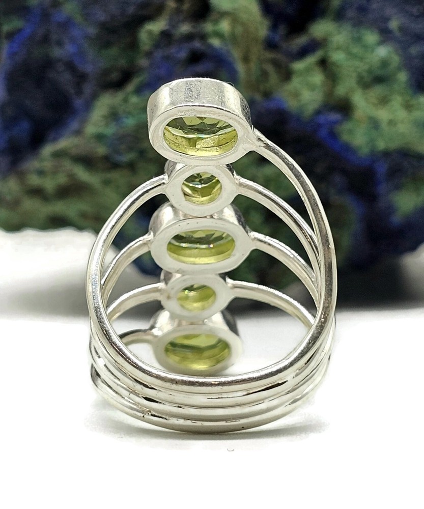 Five Stone Peridot Ring, Size 8.5, Sterling Silver, August Birthstone, Statement