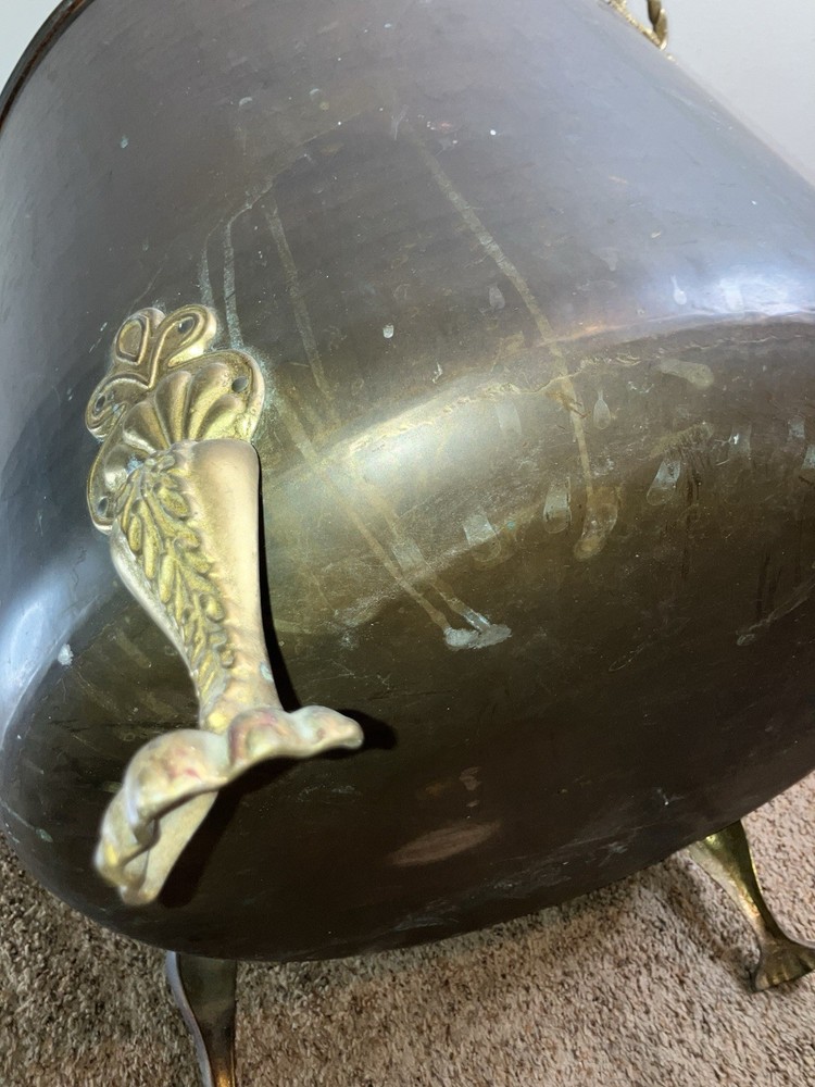 Large Vintage Footed Brass Fireside Coal Bin Log Box Bin Coal Scuttle Purdonium