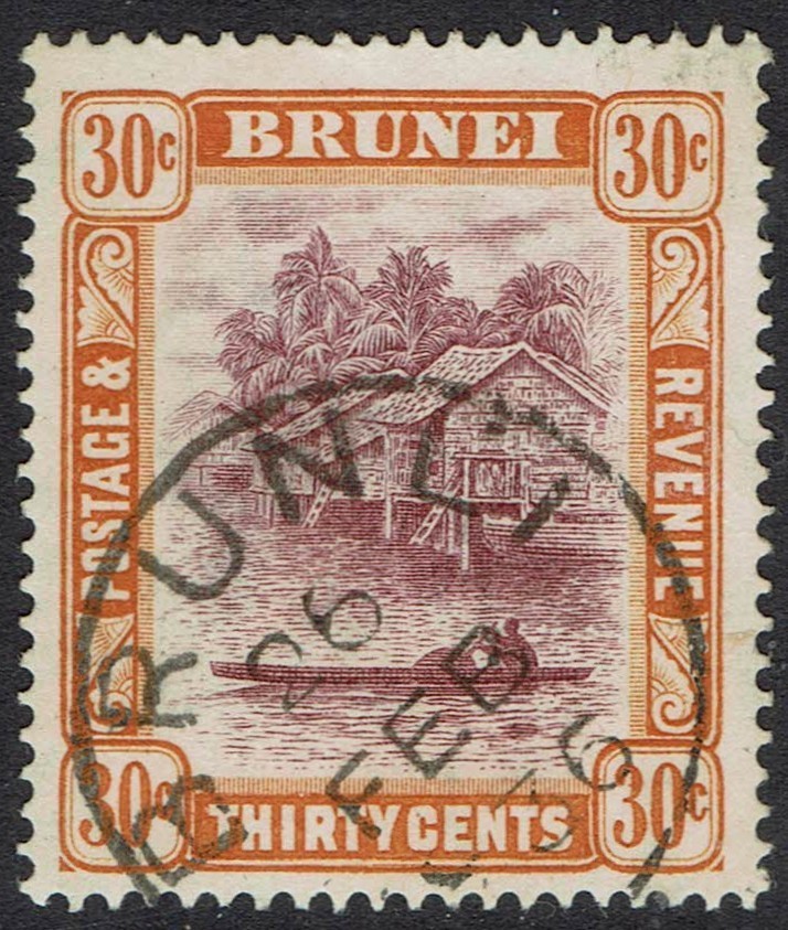 BRUNEI 1924 RIVER VIEW 30C WMK MULTI SCRIPT USED