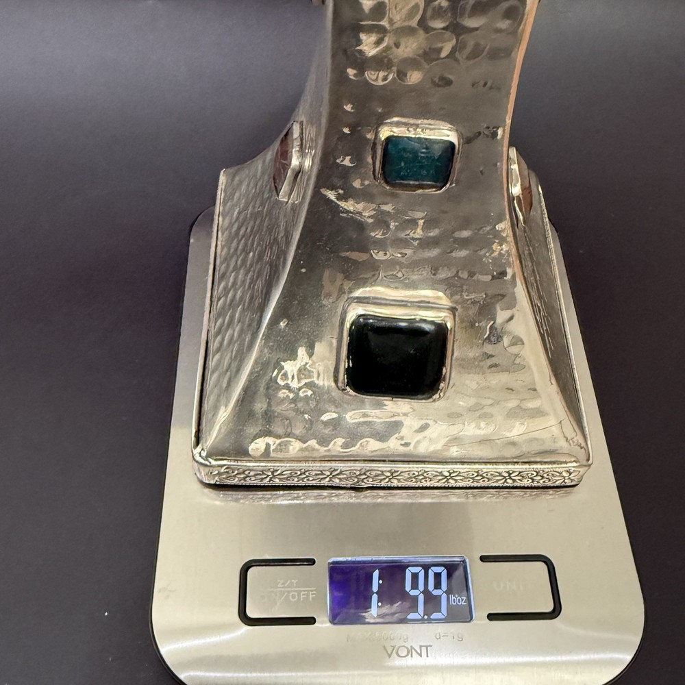 Vintage Hammered Silver Plated Bejeweled Cabochon Decorative 8” Candle Holder