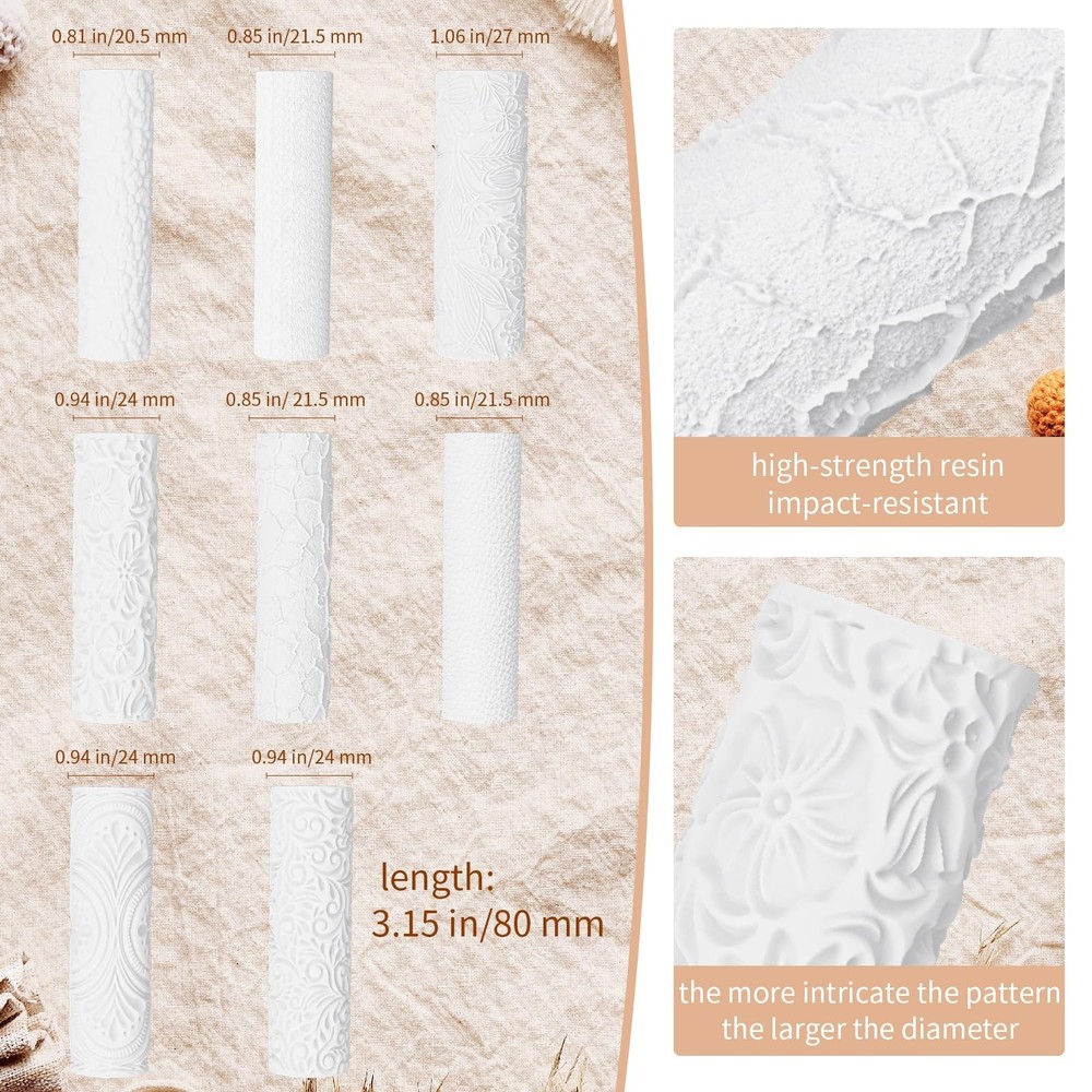 8 Pcs Polymer Clay Texture Roller, Embossing Pottery Texture Rollers for Jewe...