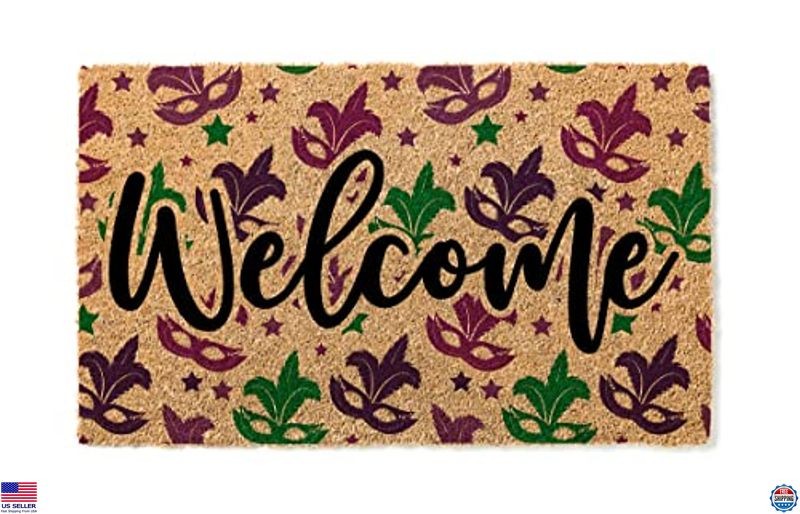 Mardi Gras Masks Doormat 100% Coir Coconut Husk 18"x30" Thick Durable Entryway