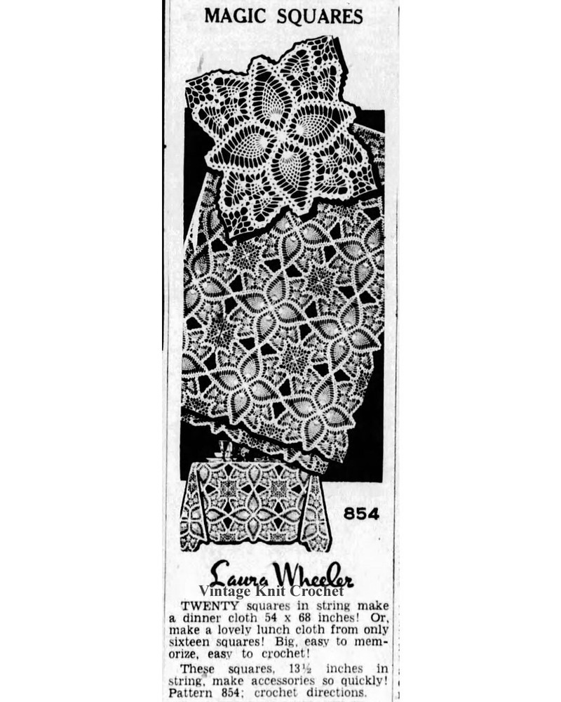 Vtg Crochet Pineapple Square Pattern, Cloth Spread Runner Mail Order Design 854