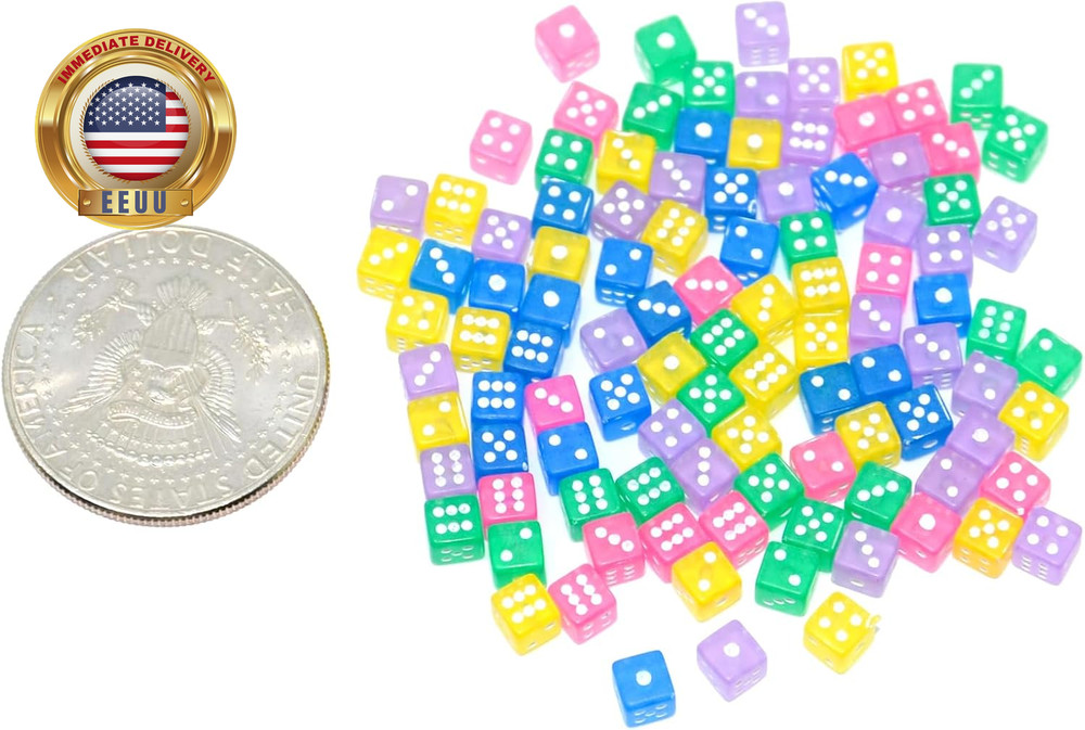 100 Assorted D6 Mini Tiny Dice Game Dot Square Dice for Casino Themed Activity,