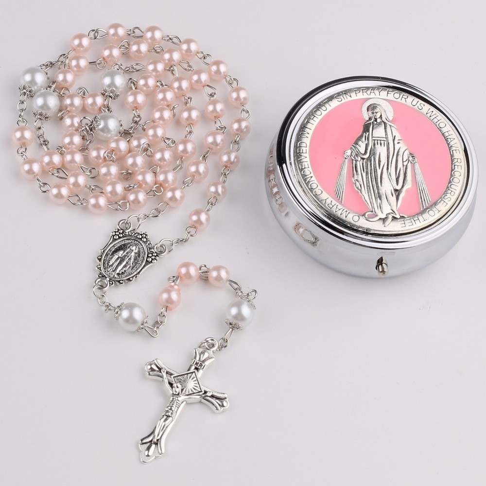 CT Rosary with 6mm Glass Pearl & 8mm Our Father Beads, Miraculous Metal Gift Box
