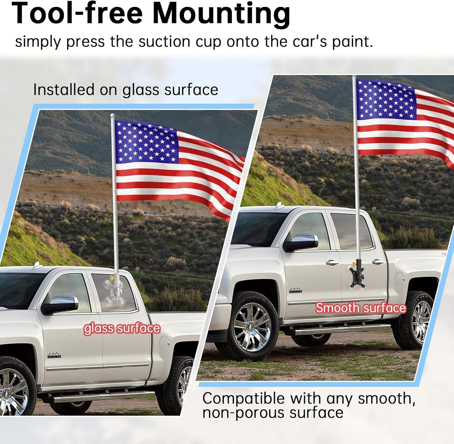 No-Drill Car Flag Pole Holder - Adjustable Angle & Multi-Suction Flag Mount