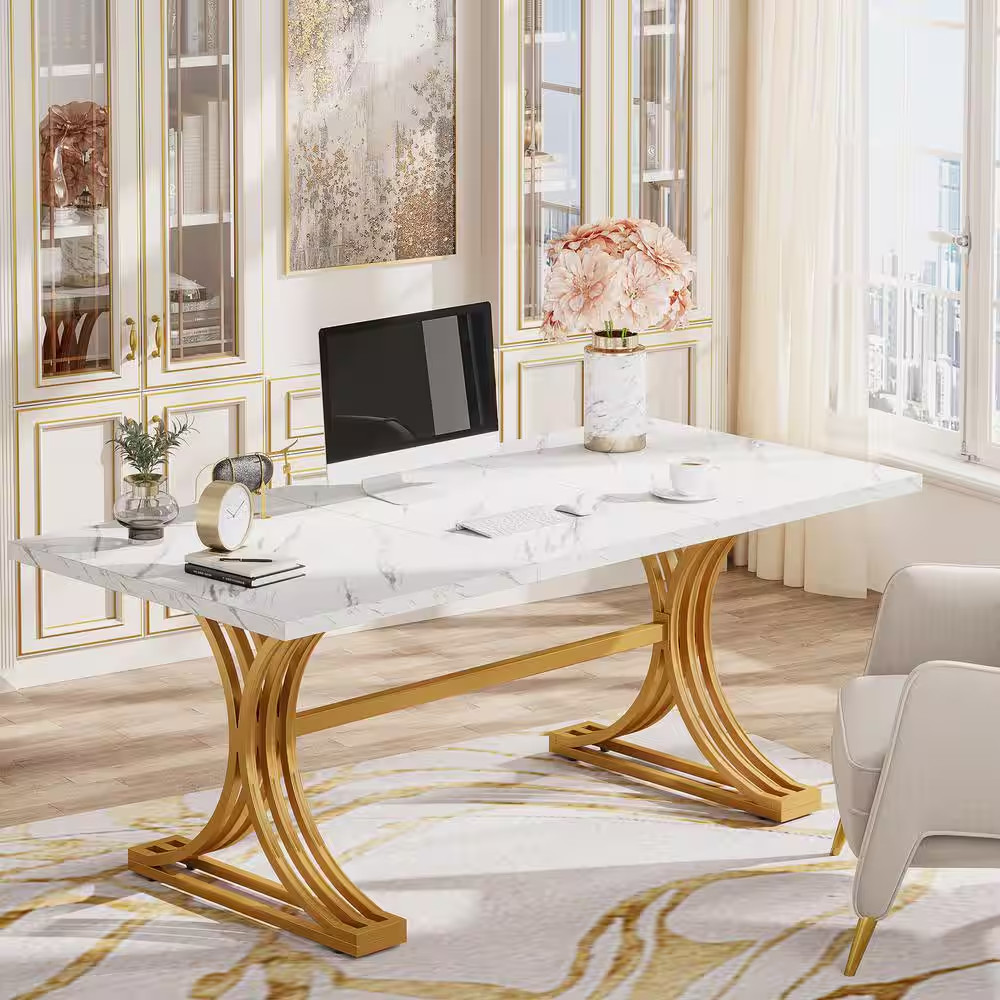 Moronia 63 In. Rectangular White and Gold Wood Computer Desk with Solid Metal Le