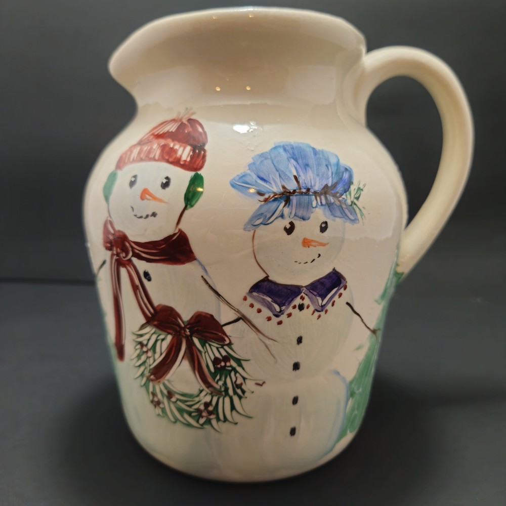 Signed Rundquist Painted Snowman Christmas Pitcher Jug 7"