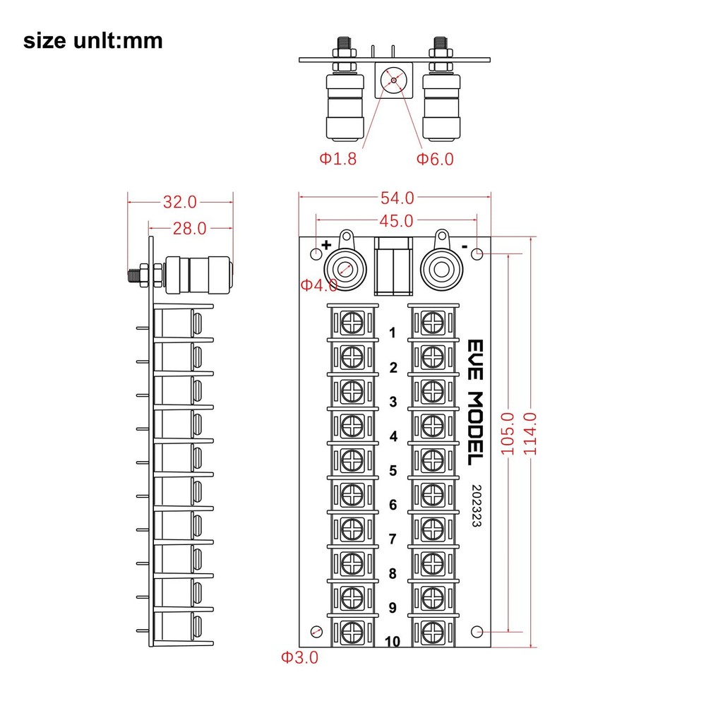 PCB005 1X Power Distribution Board 3 Inputs 2 x 10 Outputs for DC AC Black
