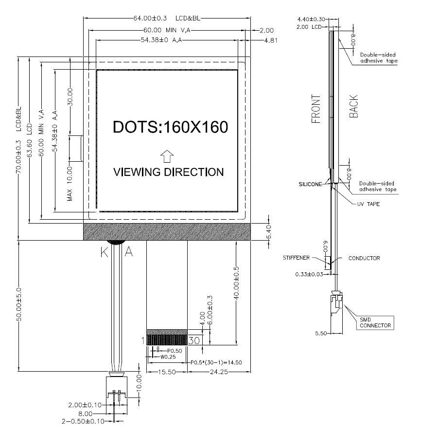 3"Blue 160x160 COG Graphic LCD Module Display,UC1698 Controller w/Tutorial