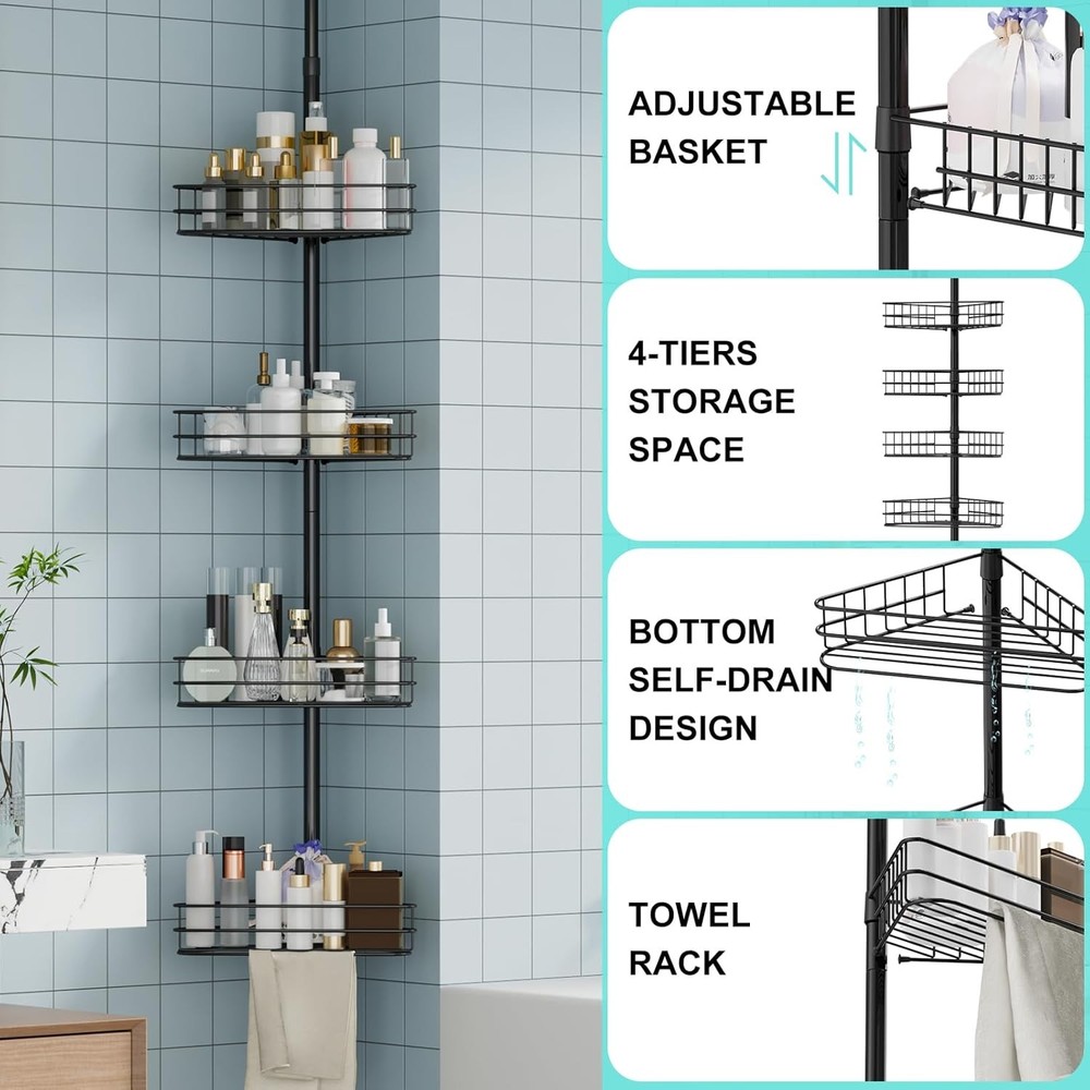 4 Tier Corner Shower Caddy Tension Pole Adjustable Rustproof Bathroom Organizer