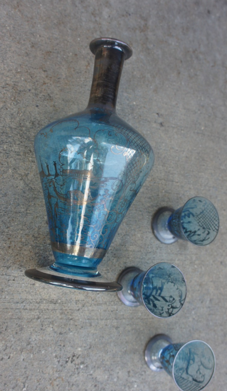 Vintage Venetian Murano Glass Decanter & Six Cordial Glasses Blue Silver Overlay