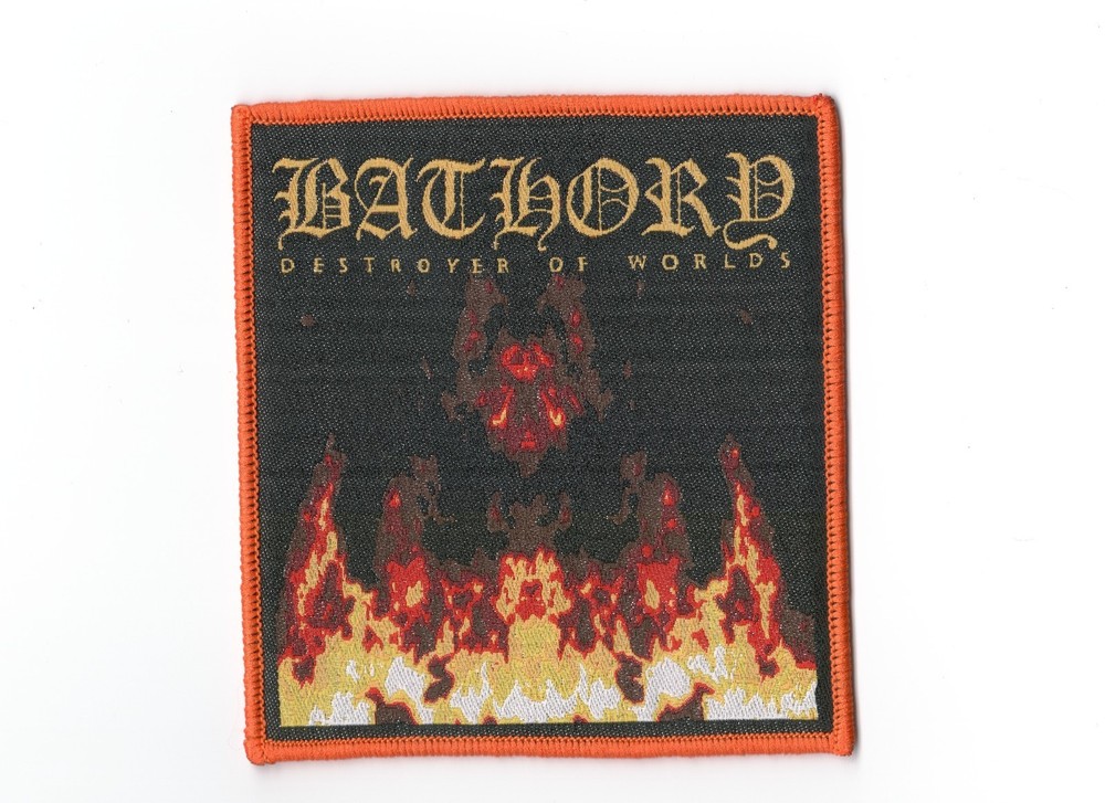 BATHORY,DESTROYER OF WORLDS, SEW ON ORANGE BORDER WOVEN PATCH