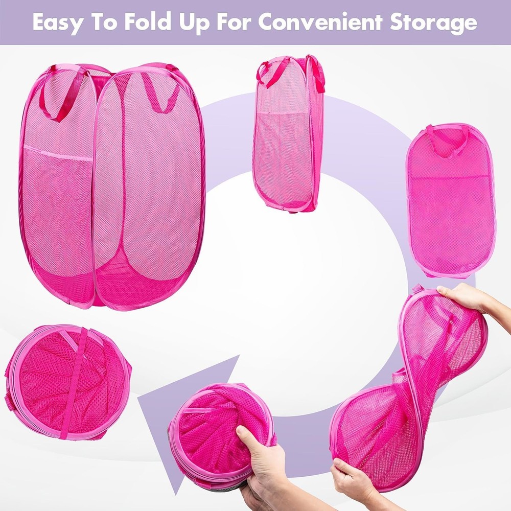 Compact Pink Mesh Laundry Hamper Set - Effortless Organizing for Any Setting