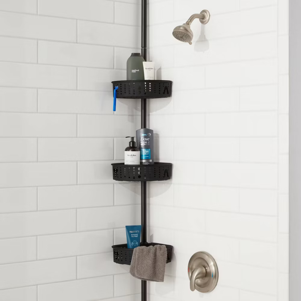 Room Essentials Steel Corner Tension Pole Shower Caddy 3 Baskets, Matte Black
