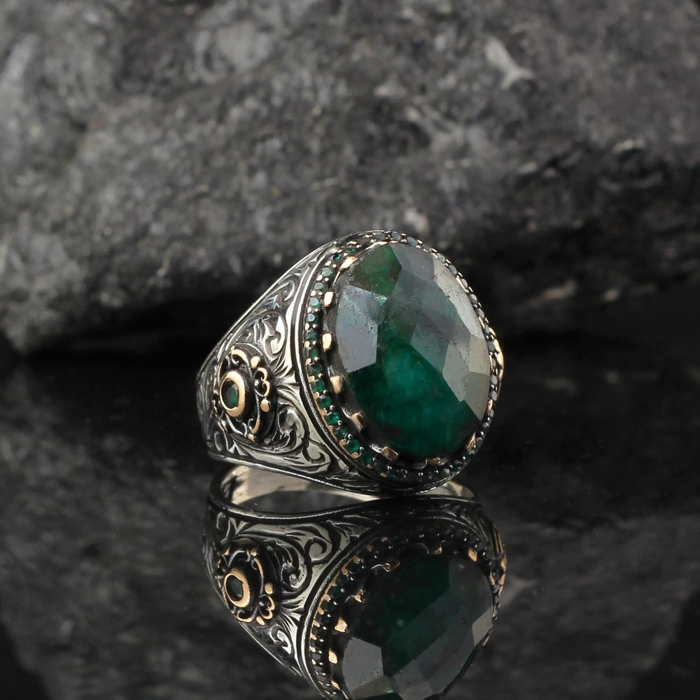 Emerald Stone Men Silver Ring, 925 Sterling Silver Emerald Gemstone Ring,