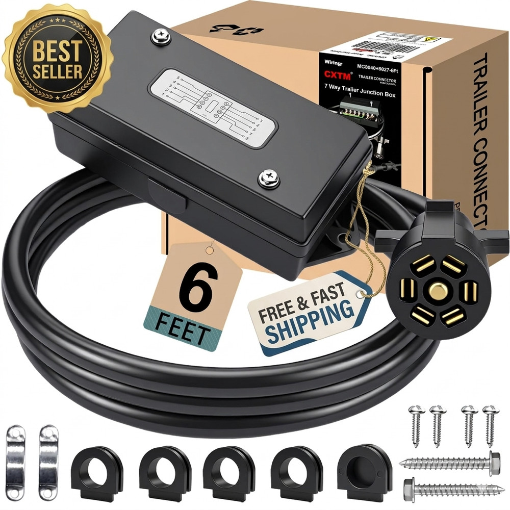 7 Way Plug Inline Pre-Wired Trailer BLACK Cord w/Junction Box 6 Ft Wire
