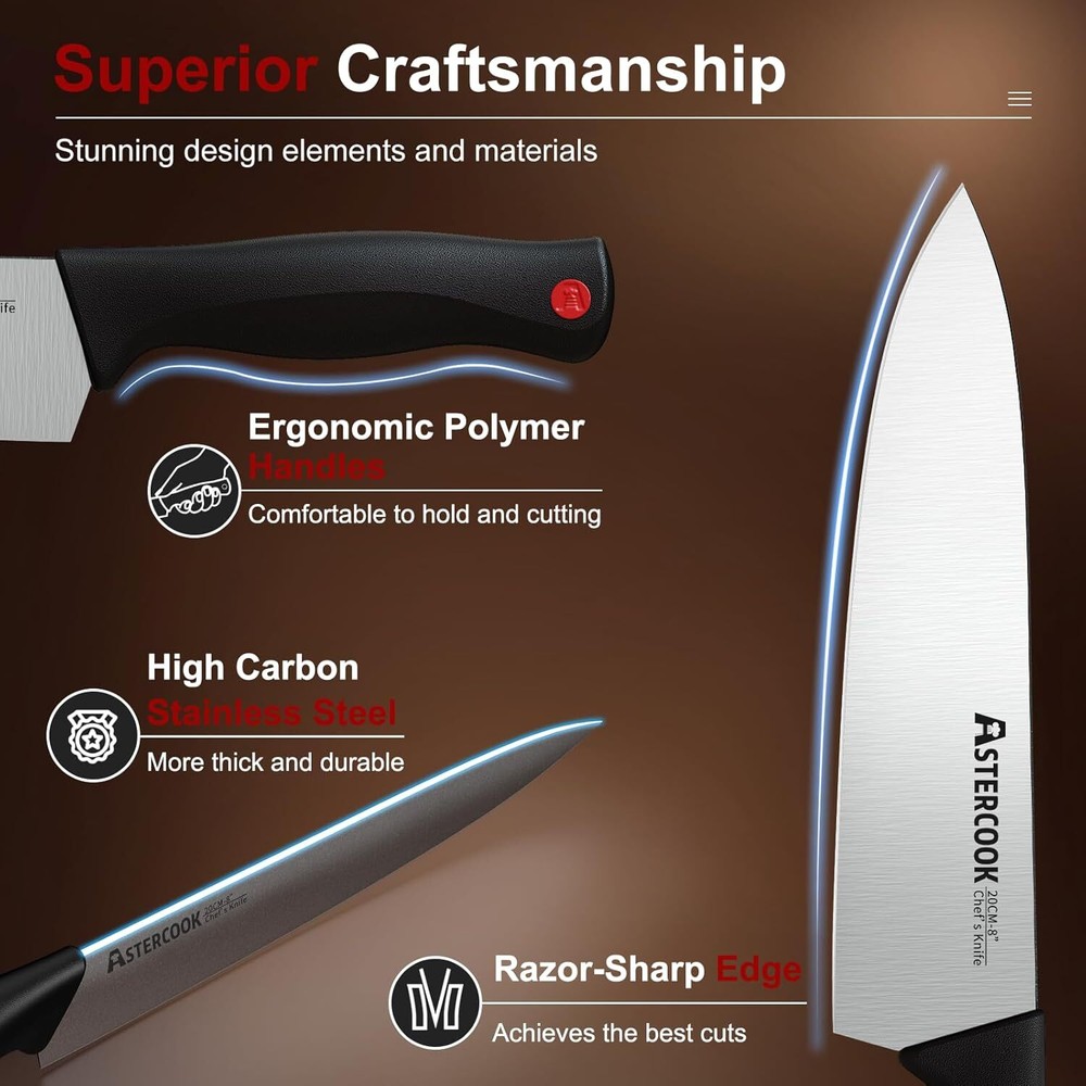 Knife Set, 15-Piece Kitchen Knife Set with Built-in Knife Sharpener