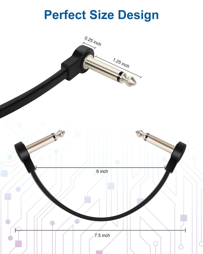 3-Pack Professional Guitar Patch Cables - 6 Inch 1/4 TS Flat Ultra-Thin Effect G