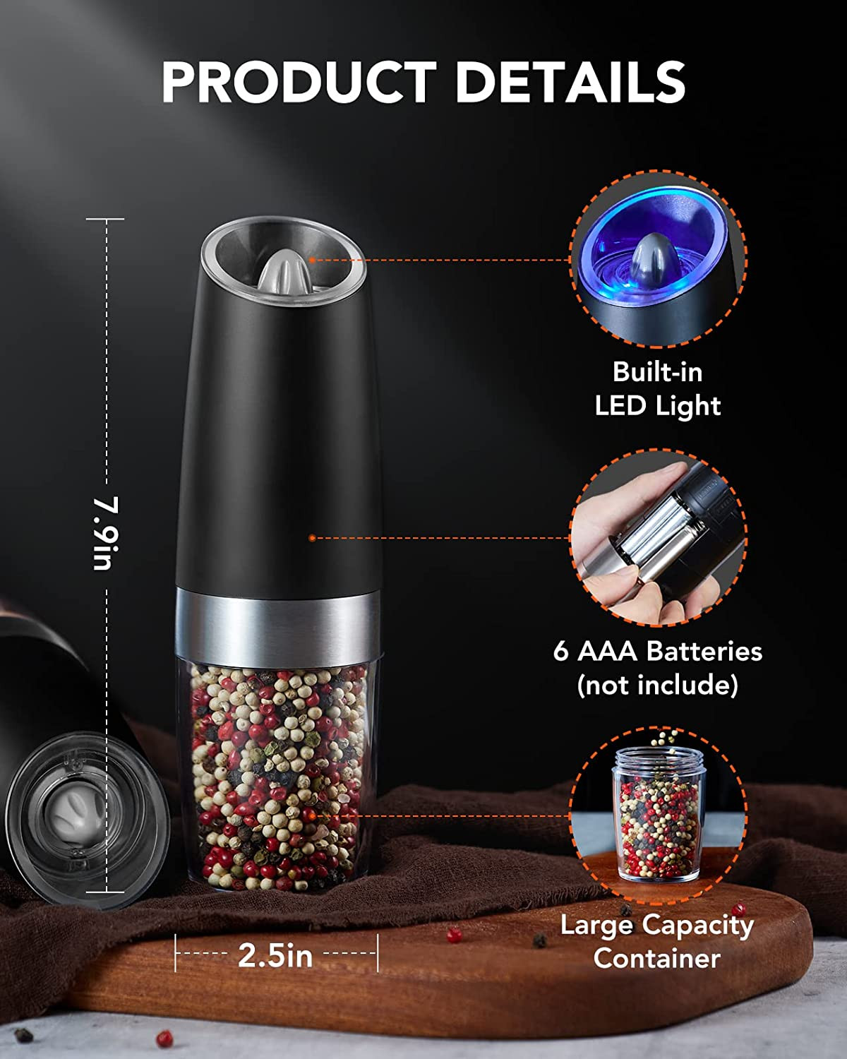 Gravity Electric Salt and Pepper Grinder Set, Automatic Pepper Grinder Shakers M