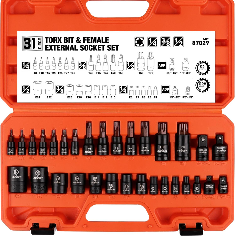 31 Piece Torx Bit Socket and Female External Socket Set | 14 Star Bits (T8- T70)