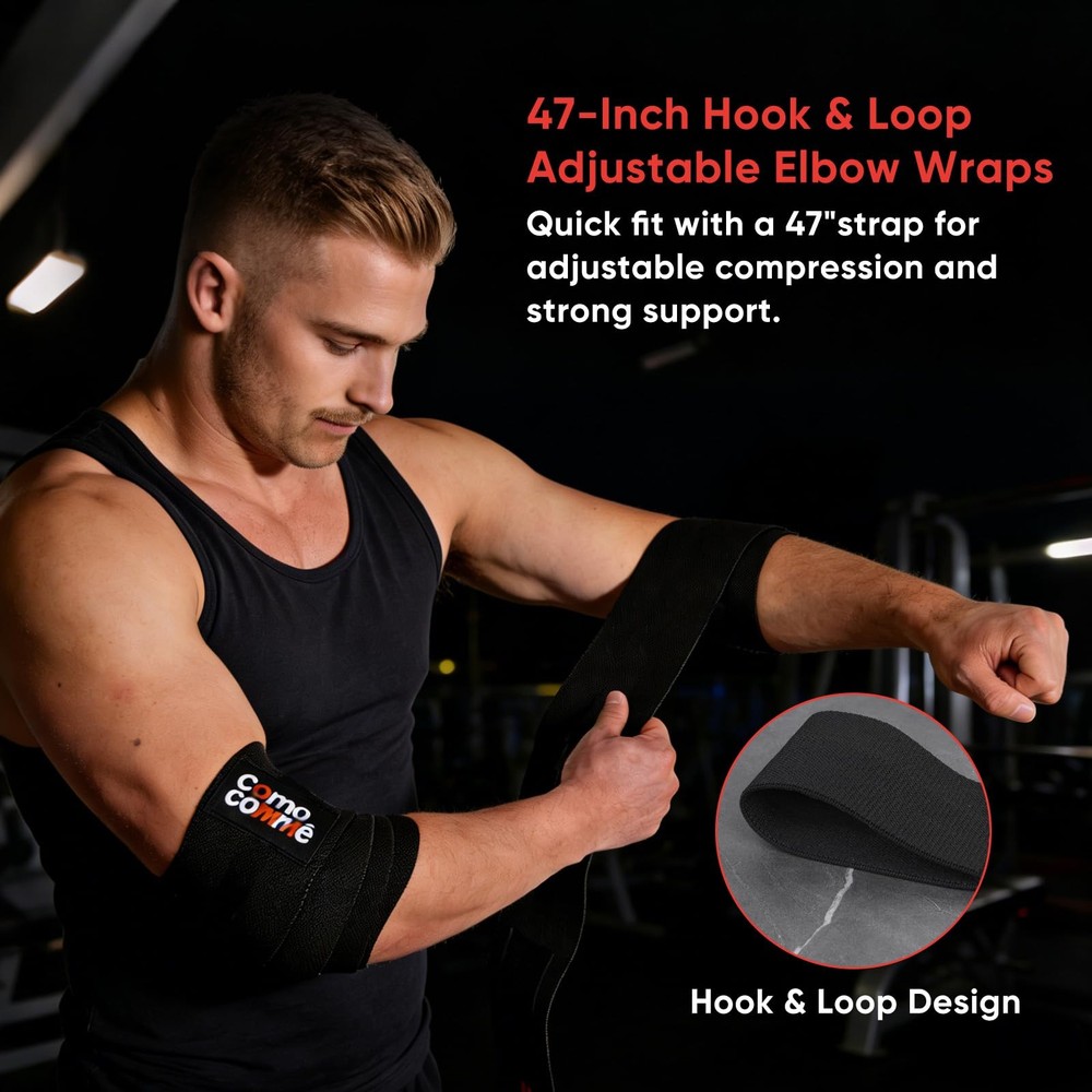 Weightlifting Elbow Wraps, 1 pair 47" Black Adjustable Compression Straps Elb...