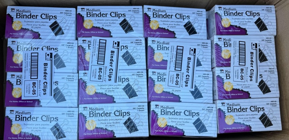 48 Boxes Charles Leonard Binder Clips, Medium, 5/8" Capacity 12 Per Box BC-05