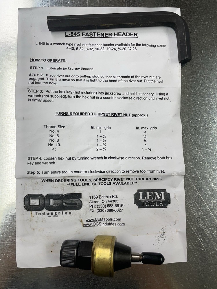 Fastener header, Lem Tools L-845 1/4-20, NEW!