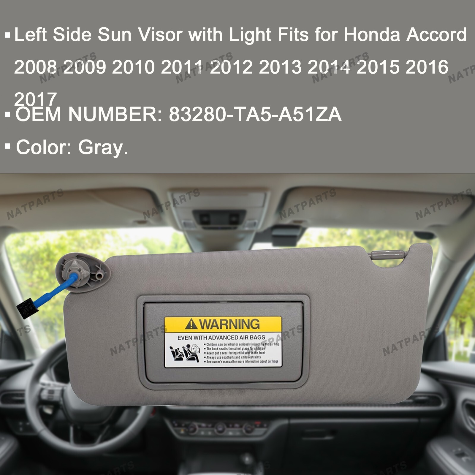 Left Driver Sun Visor W/ Light Fits for 08-17Honda Accord 83280-TA5-A51ZA