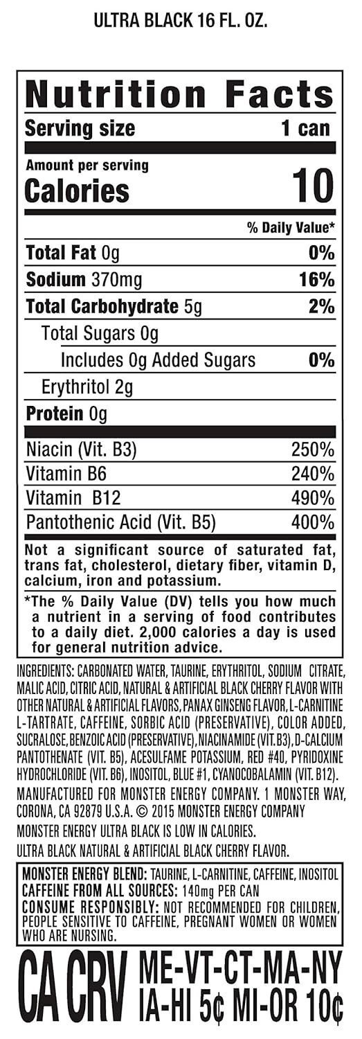 (15 Pack) Monster Ultra Black Energy Drink with Vitamins, Zero Sugar, 16 Fl Oz