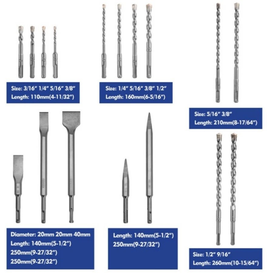 17PC SDS-Plus Rotary Hammer Drill Bits and Chisel Set for Concrete Stone