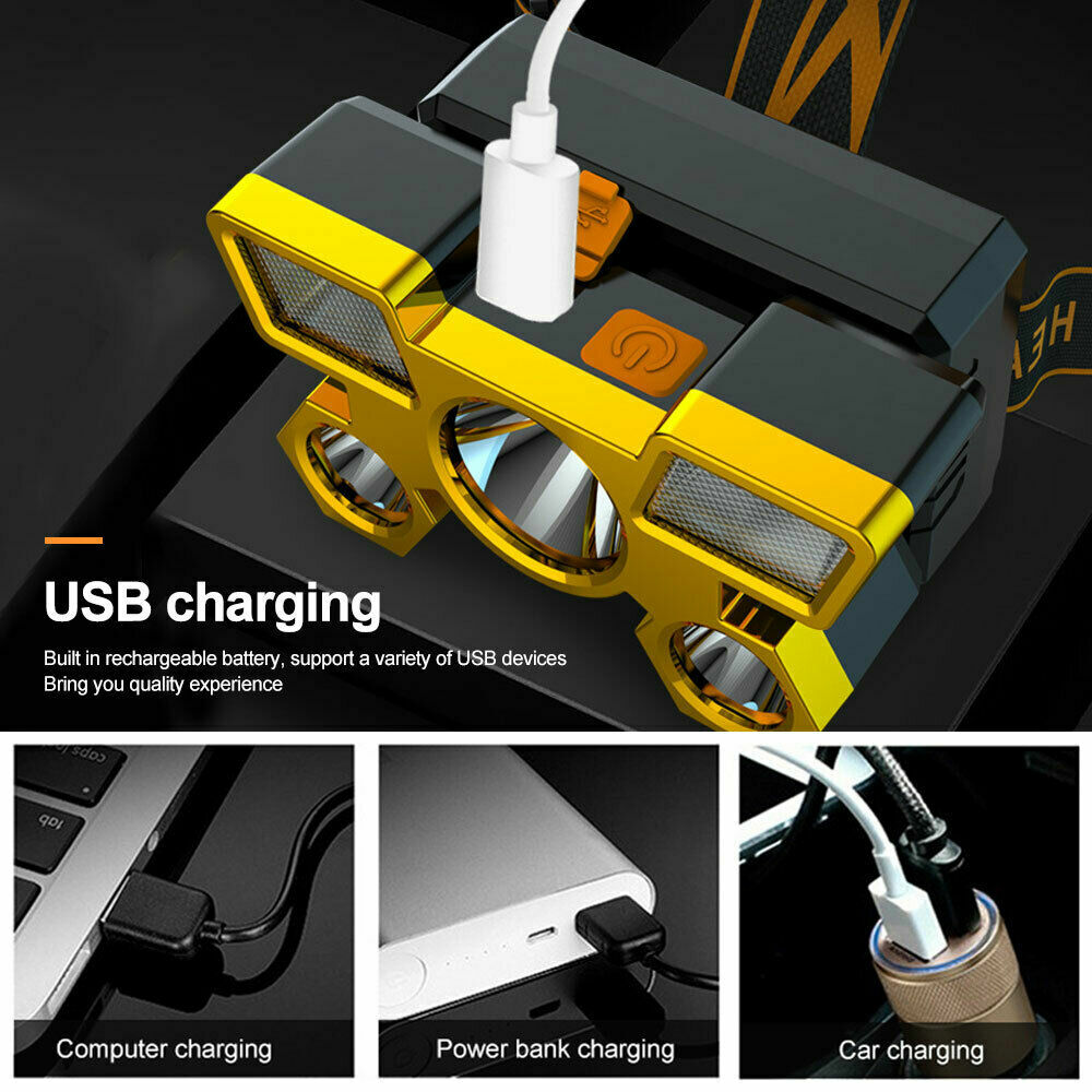 Super Bright Head Torch Headlight LED USB Rechargeable Headlamp Fish Waterproof