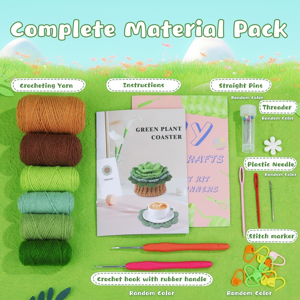 Crochet Kit for Beginners Plant Coasters Easy Learning Hook Yarn Set