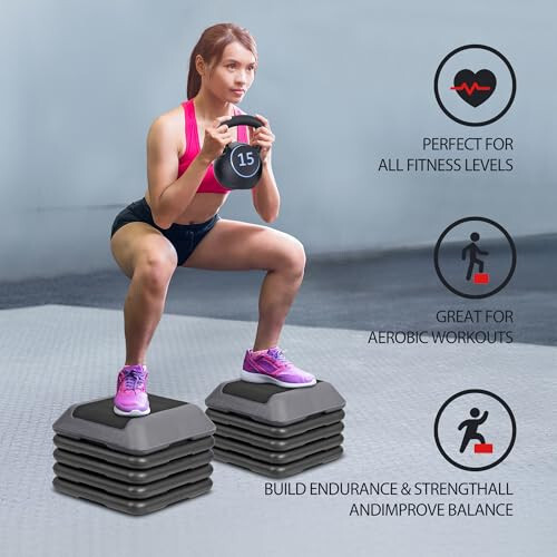 Aerobic Step Exercise Platform Stepper with 4 Risers 16" x 16", Adjustable Heigh