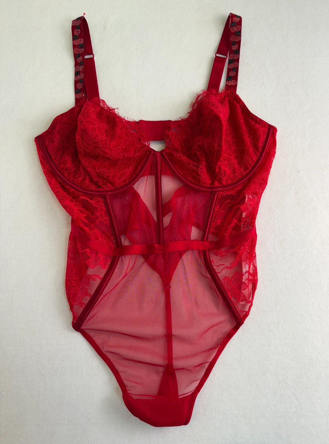 Victoria's Secret One Piece Boned Lace Teddy Bodysuit w/ Cherry   Red  XXL  NWT