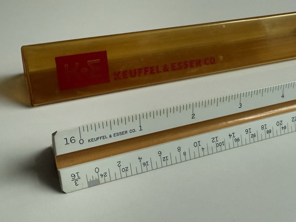 Vintage Keuffel + Esser Triangular Drafting Scale Ruler 56 3648 W/ Case 12”