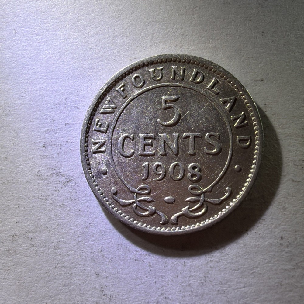 1908 Newfoundland - 5 Cent - .925 Silver Canada Coin - 457