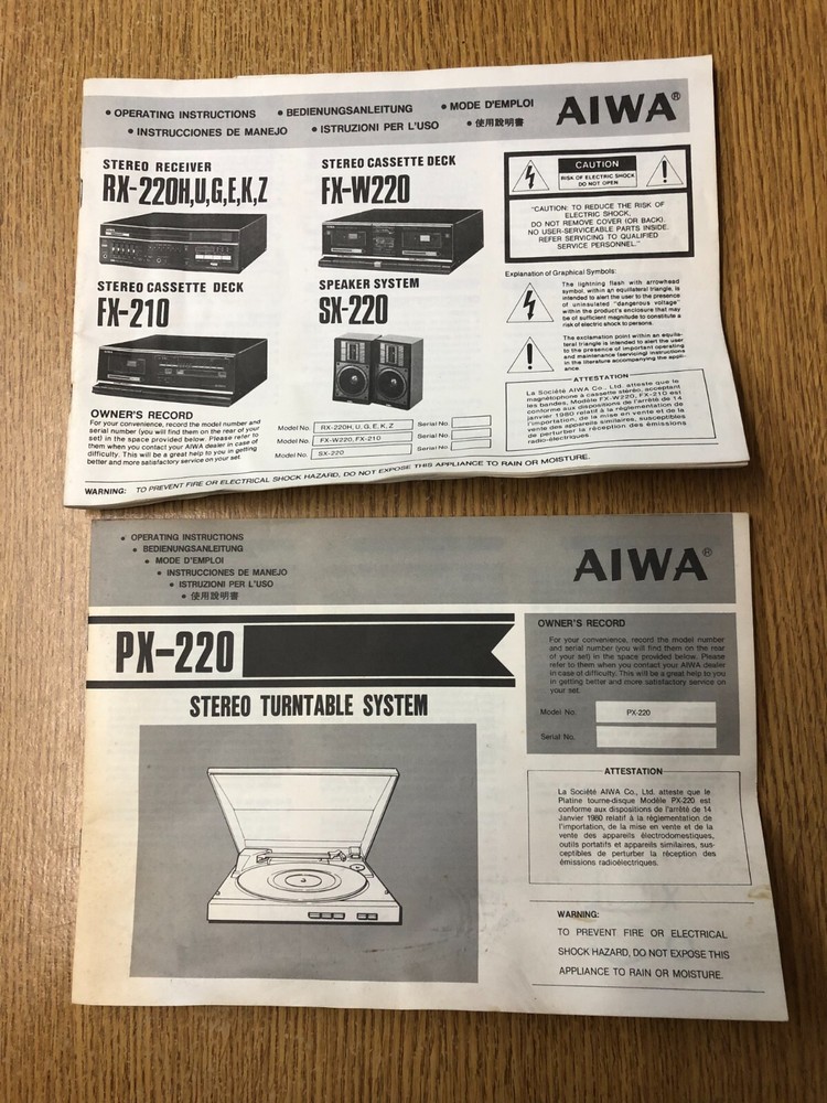 Aiwa PX-220 HiFi Stereo System Operating Instruction Handbook User Guide