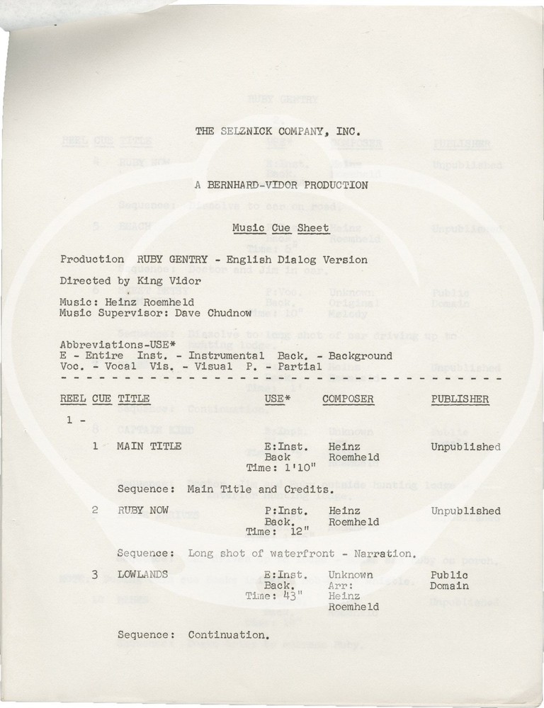 King Vidor RUBY GENTRY Post-production Music Cue Sheet script for the #151711