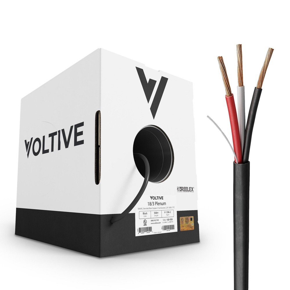 Voltive 18/3 Low Voltage Wire, Plenum CL3P, Black, 500ft