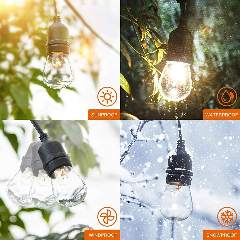 48 ft Outdoor String Lights Commercial Weatherproof Edison Vintage Bulbs Sockets