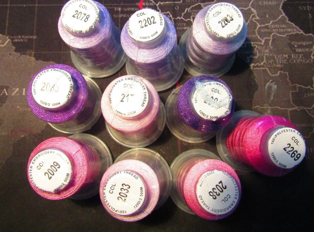 Polyester Machine Embroidery Thread, 10 different purple/pink 500m Spools