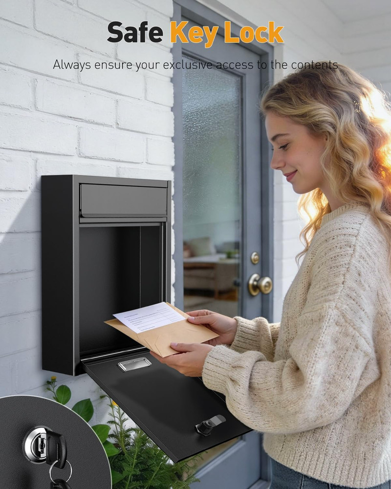 Locking Wall Mount Mailbox Large Black Steel Secure Mail Box Key Drop