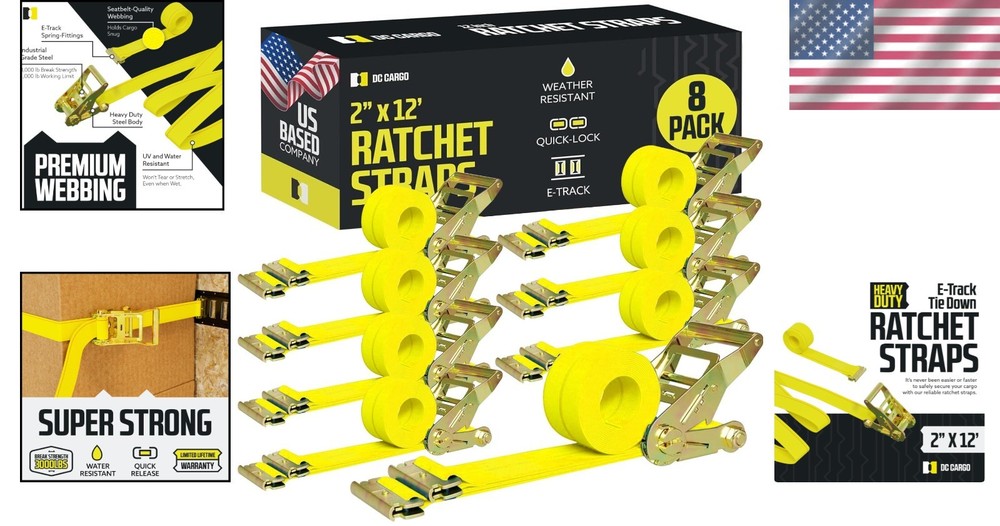 Professional Grade 8-Pack E-Track Ratchet Straps, 1000 lbs Safe Load Capacity